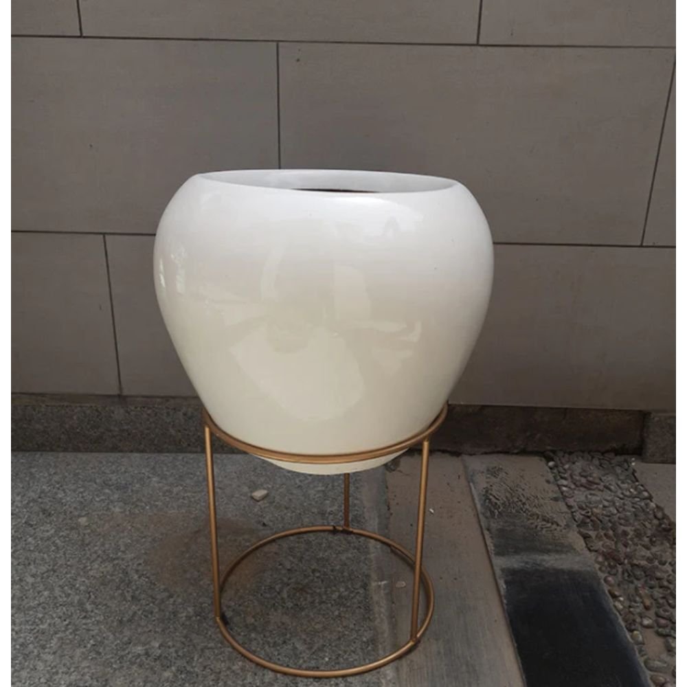 Apple Shape Ceramic Pot White Color (Pot With Stand)2